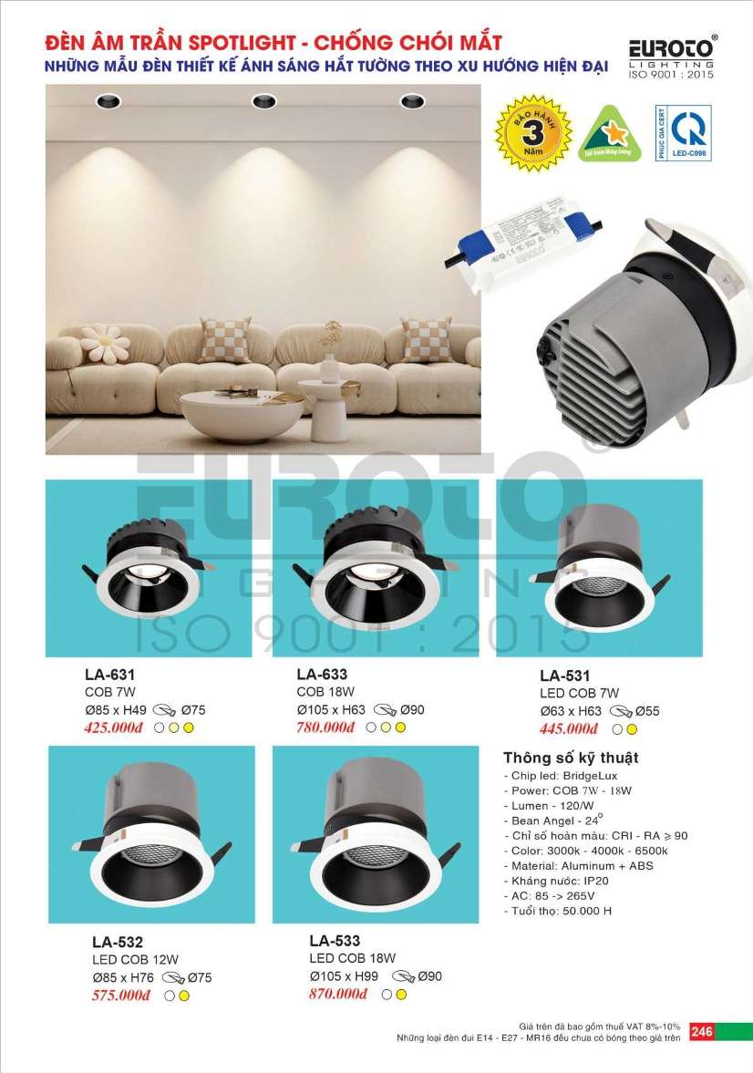 Đèn led âm trần spotlight Euroto LA-531, LA-532, LA-533, LA-631, LA-633