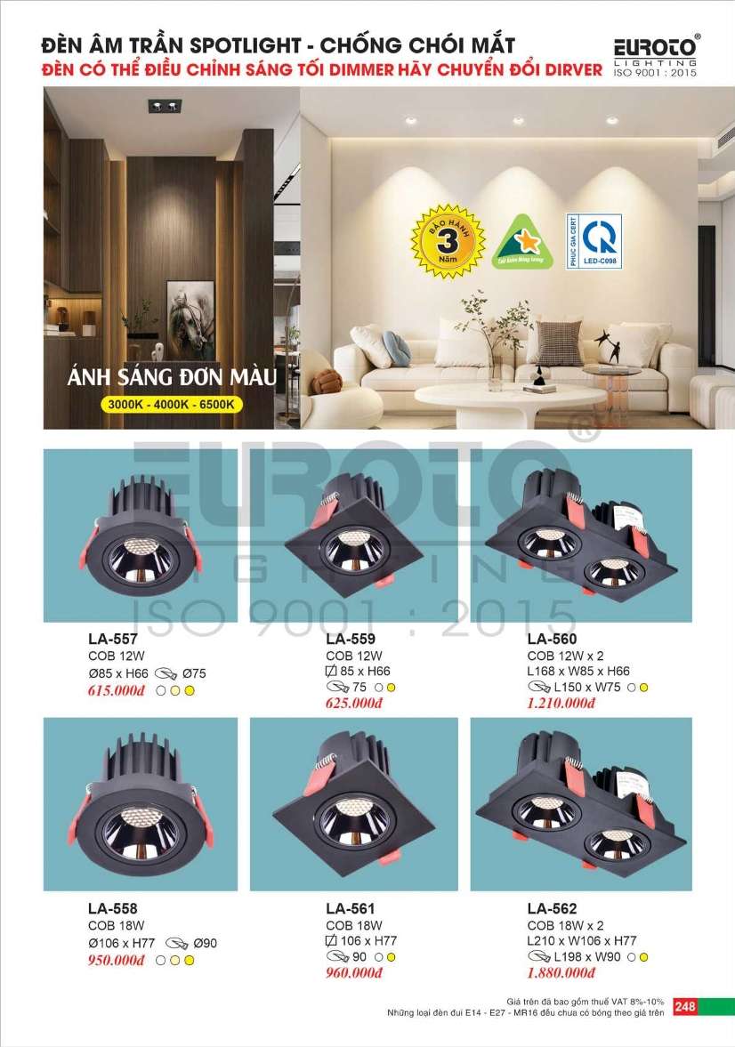 Đèn led âm trần spotlight Euroto LA-557, LA-558, LA-559, LA-560, LA-561, LA-562