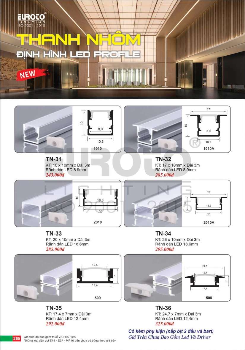 Thanh nhôm định hình led profile Euroto TN-31, TN-32, TN-33, TN-34, TN-35, TN-36