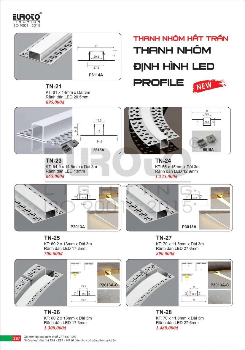 Thanh nhôm định hình led profile Euroto TN-21, TN-23, TN-24, TN-25, TN-26, TN-27, TN-28
