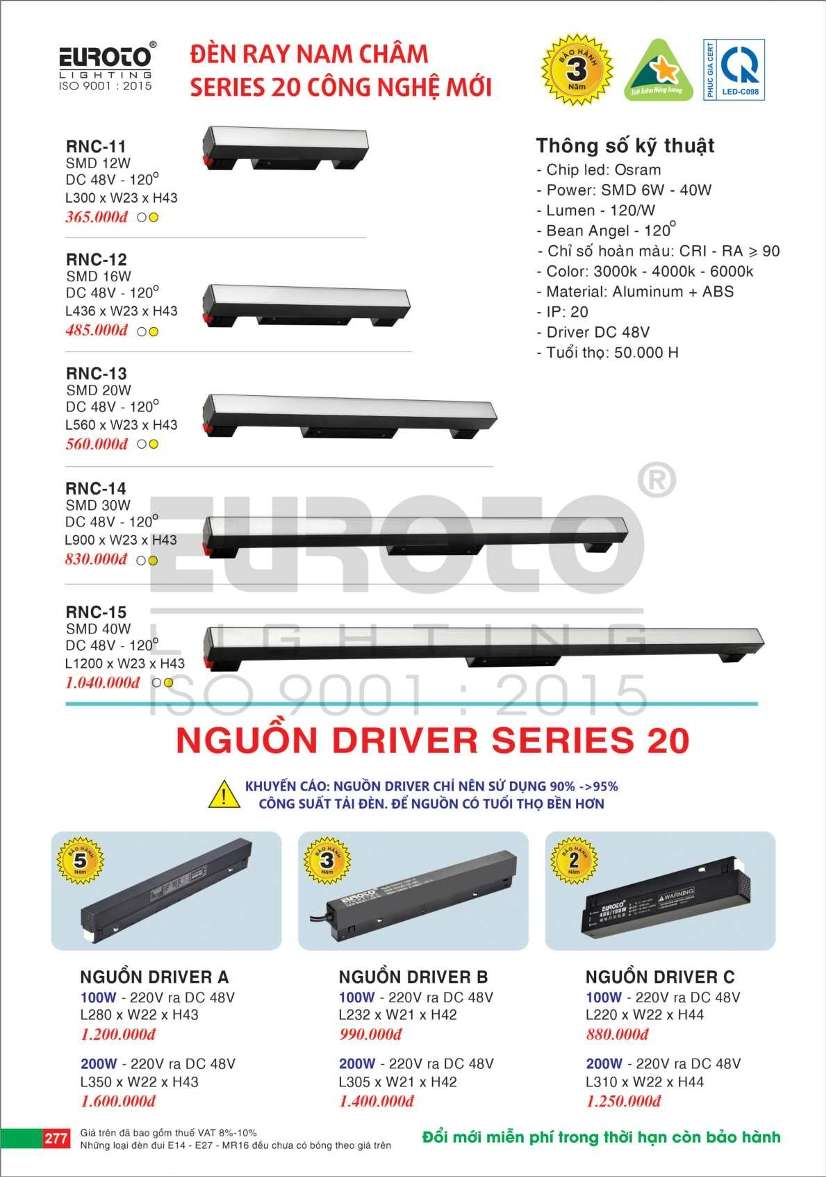 Đèn ray nam châm series 20 Euroto RNC-11, RNC-12, RNC-13, RNC-14, RNC-15