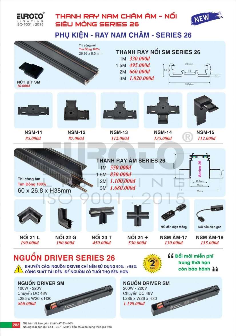 Thanh ray nam châm âm nổi series 26 Euroto, nguồn driver series 26 Euroto