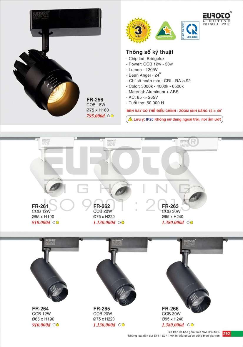 Đèn ray có thể điều chỉnh zoom ánh sáng Euroto FR-261, FR-262, FR-263, FR-264, FR-265, FR-266, FR-256
