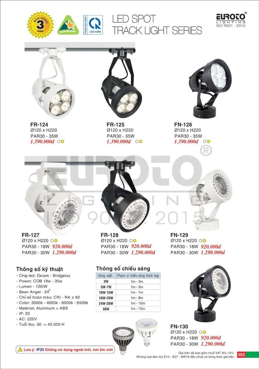 Đèn spotlight Euroto FR-124, FR-125, FN-126, FR-127, FR-128, FN-129, FN-130