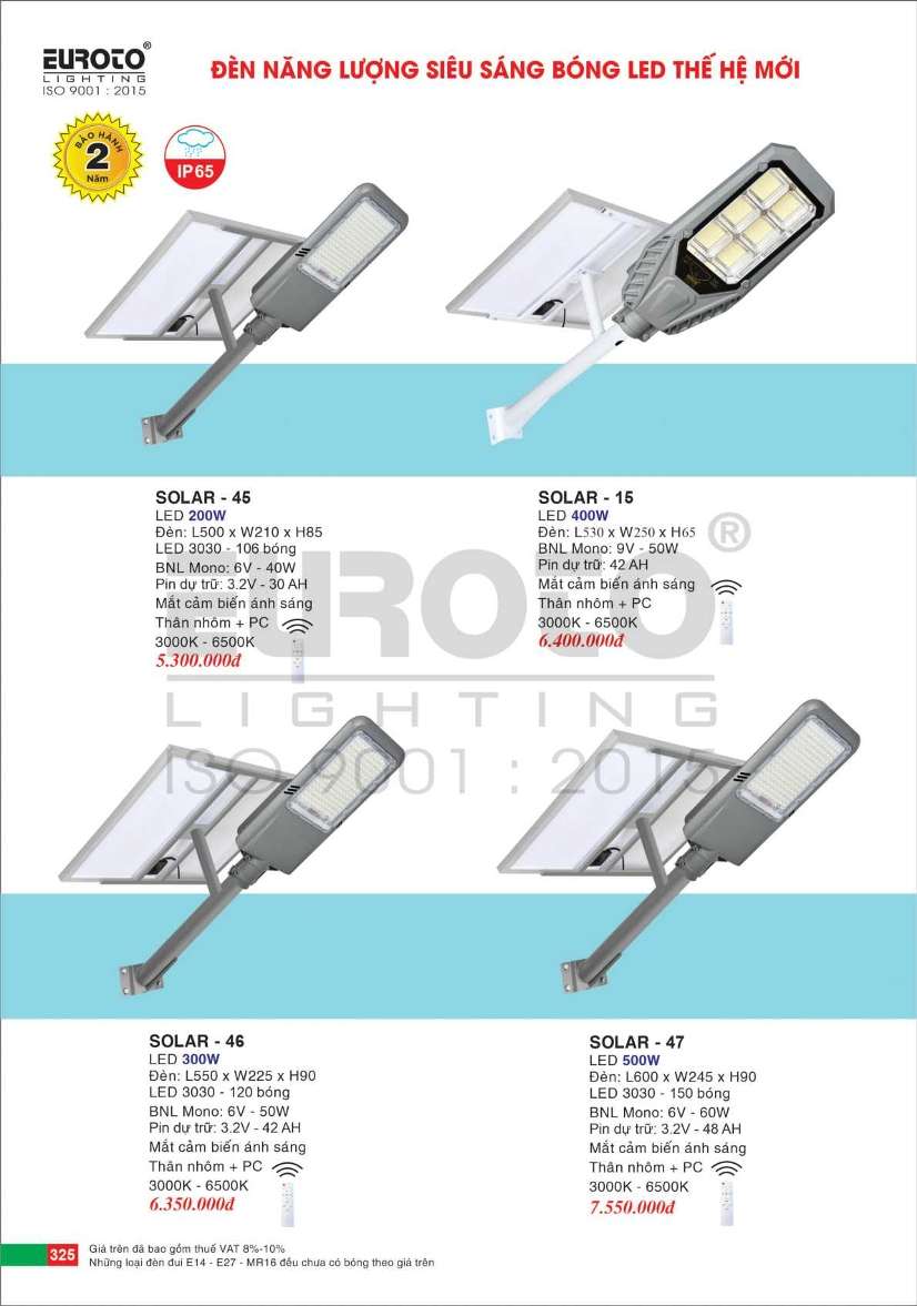 Đèn đường năng lượng mặt trời Euroto SOLAR - 45, SOLAR - 46, SOLAR - 47, SOLAR - 15
