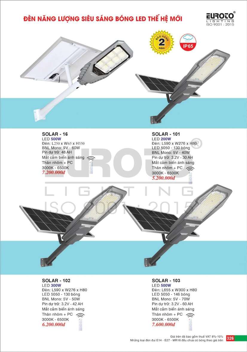 Đèn đường năng lượng mặt trời Euroto SOLAR - 16, SOLAR - 101, SOLAR - 102, SOLAR - 103