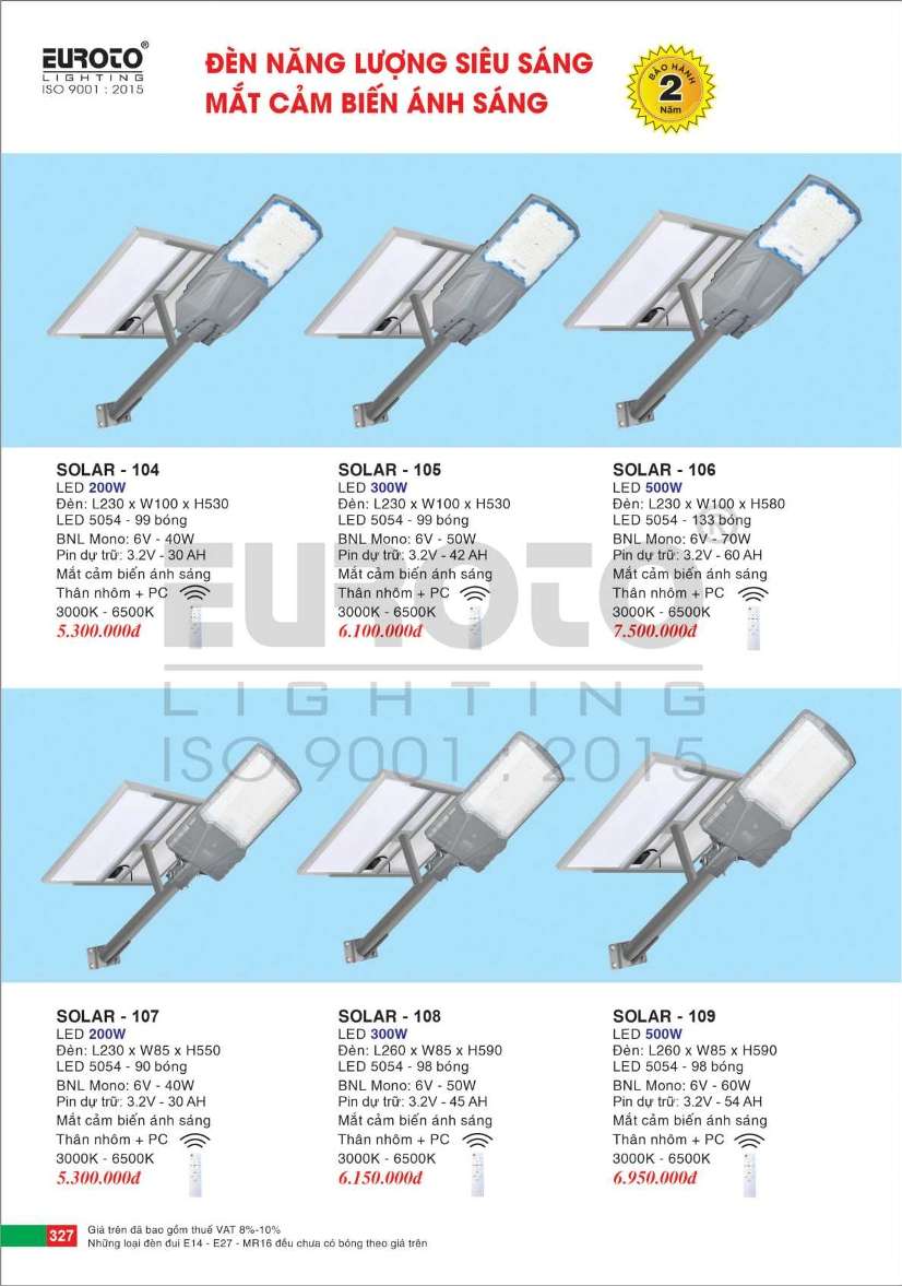 Đèn đường năng lượng mặt trời Euroto SOLAR - 104, SOLAR - 105, SOLAR - 106, SOLAR - 107, SOLAR - 108, SOLAR - 109