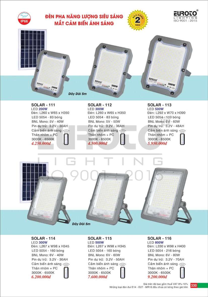 Đèn pha năng lượng mặt trời Euroto SOLAR - 111, SOLAR - 112, SOLAR - 113, SOLAR - 114, SOLAR - 115, SOLAR - 116