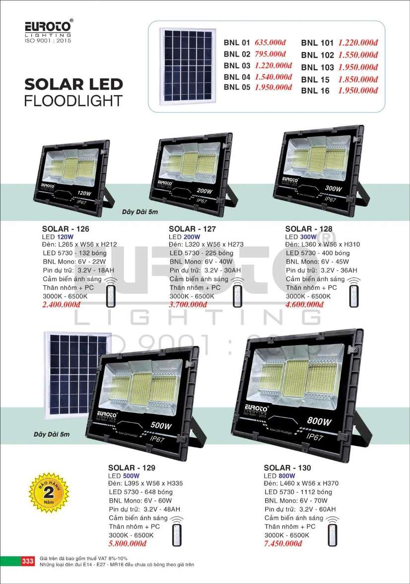 Đèn pha năng lượng mặt trời Euroto SOLAR - 126, SOLAR - 127, SOLAR - 128, SOLAR - 129, SOLAR - 130
