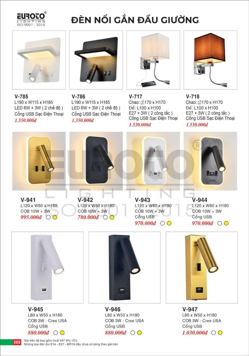 Đèn nổi gắn đầu giường Euroto V-785, V-786, V-717, V-718, V-941, V-942, V-943, V-944, V-945, V-946, V-947