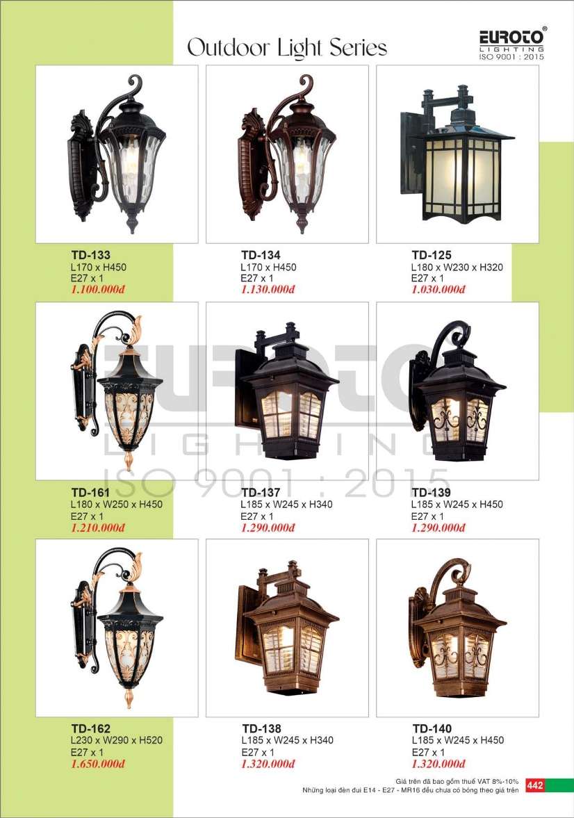 Đèn trụ Euroto TD-133, TD-134, TD-125, TD-161, TD-162, TD-137, TD-138, TD-139, TD-140