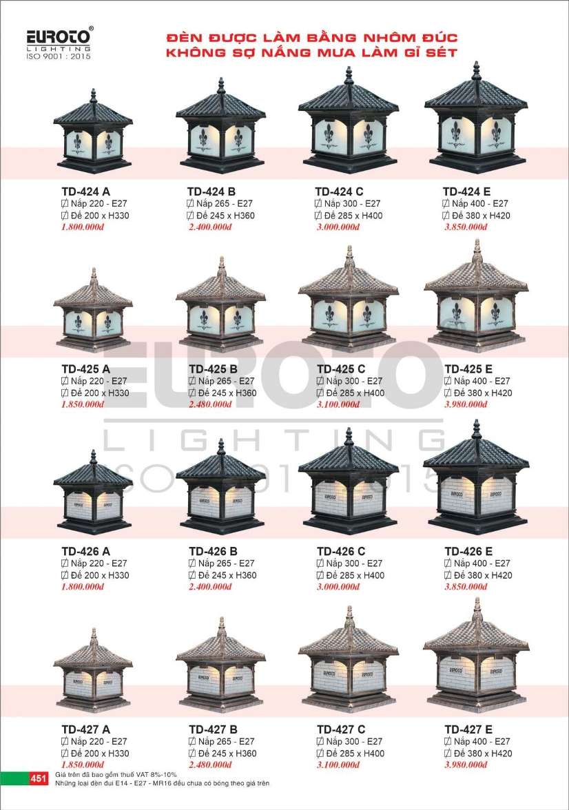 Đèn trụ Euroto TD-424 A, TD-424 B, TD-424 C, TD-424 E, TD-425 A, TD-425 B, TD-425 C, TD-425 E, TD-426 A, TD-426 B, TD-426 C, TD-426 E, TD-427 A, TD-427 B, TD-427 C, TD-427 E