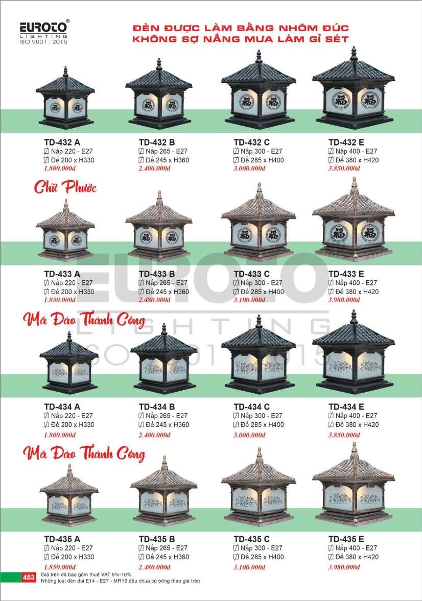 Đèn trụ Euroto TD-432 A, TD-432 B, TD-432 C, TD-432 E, TD-433 A, TD-433 B, TD-433 C, TD-433 E, TD-434 A, TD-434 B, TD-434 C, TD-434 E, TD-435 A, TD-435 B, TD-435 C, TD-435 E