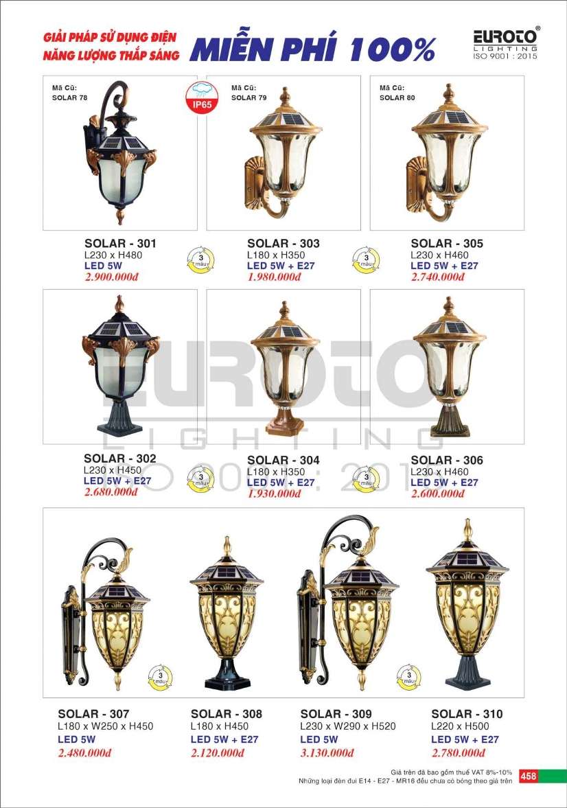 Đèn trụ năng lượng mặt trời Euroto Solar 301, Solar 302, Solar 303, Solar 304, Solar 305, Solar 306, Solar 307, Solar 308, Solar 309, Solar 310