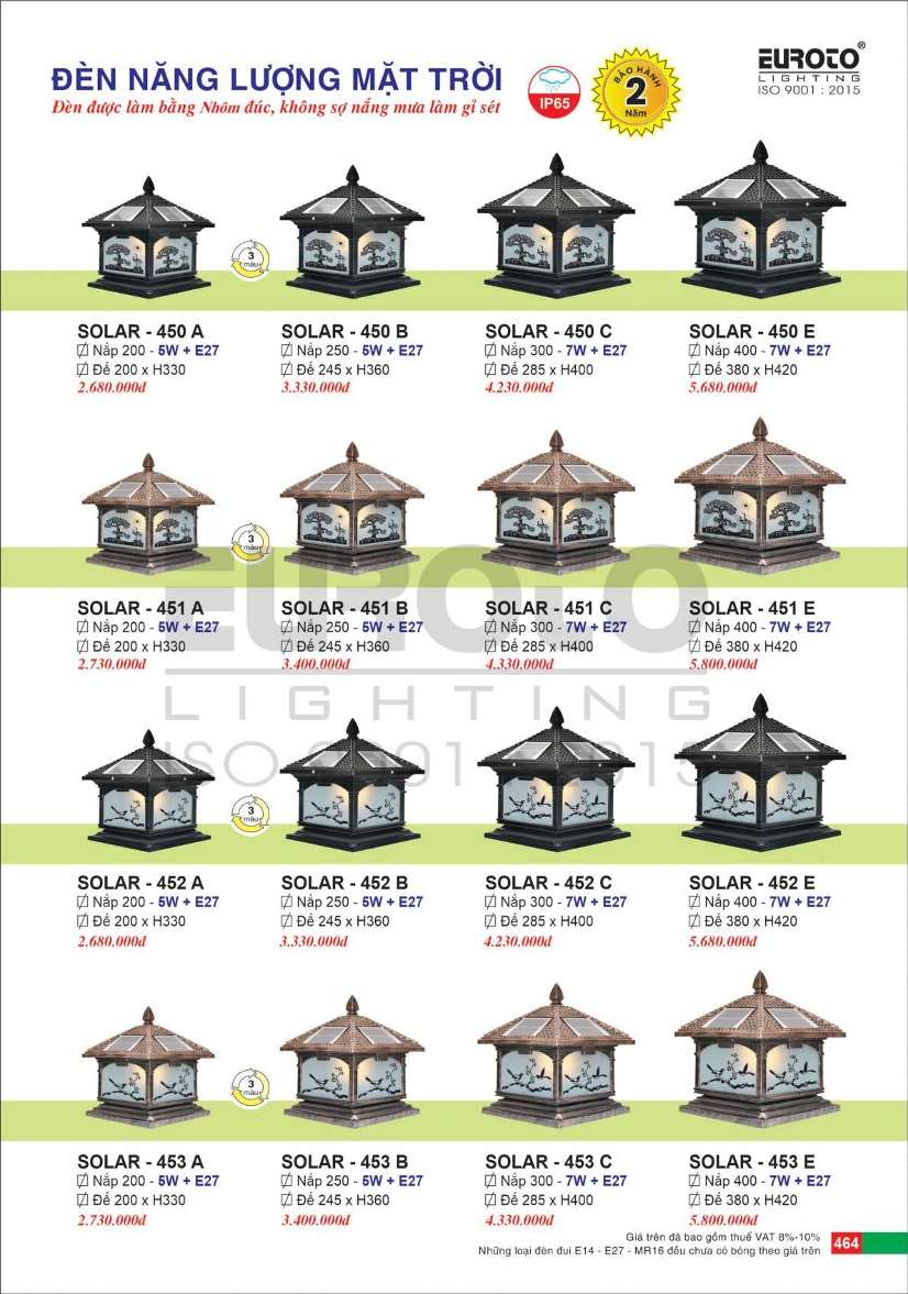 Đèn trụ năng lượng mặt trời Euroto Solar 450 A, 450 B, 450 C, 450 E, 451 A, 451 B, 451 C, 451 E, 452 A, 452 B, 452 C, 452 E, 453 A, 453 B, 453 C, 453 E