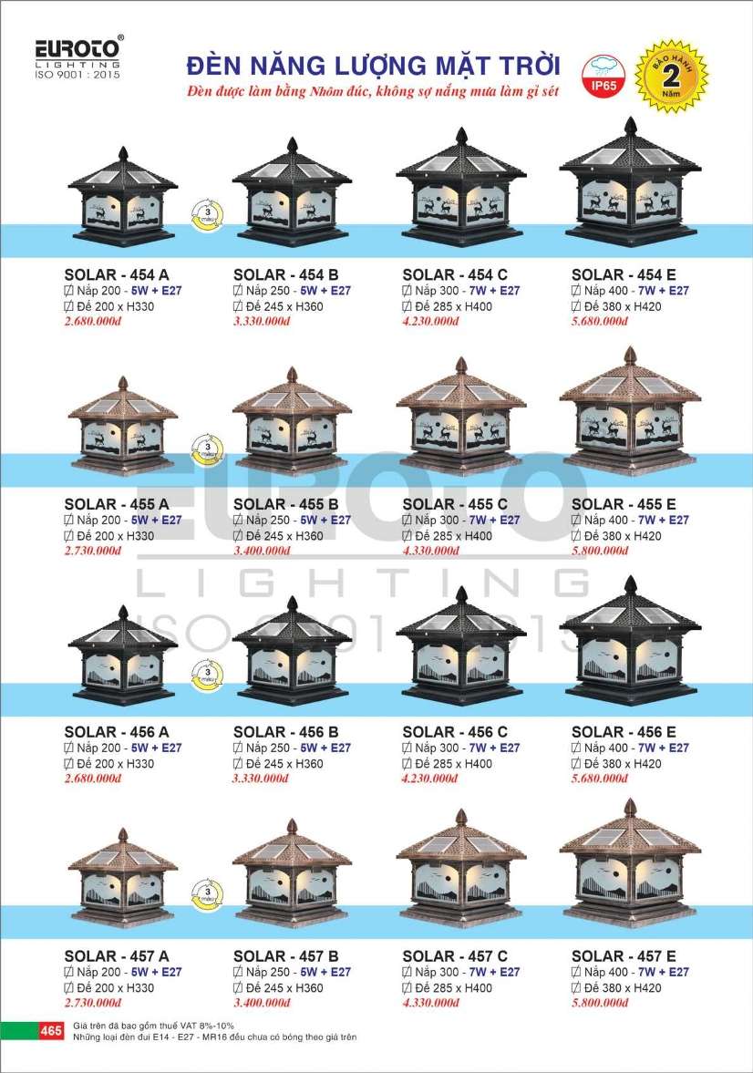 Đèn trụ năng lượng mặt trời Euroto Solar 454 A, 454 B, 454 C, 454 E, 455 A, 455 B, 455 C, 455 E, 456 A, 456 B, 456 C, 456 E, 457 A, 457 B, 457 C, 457 E