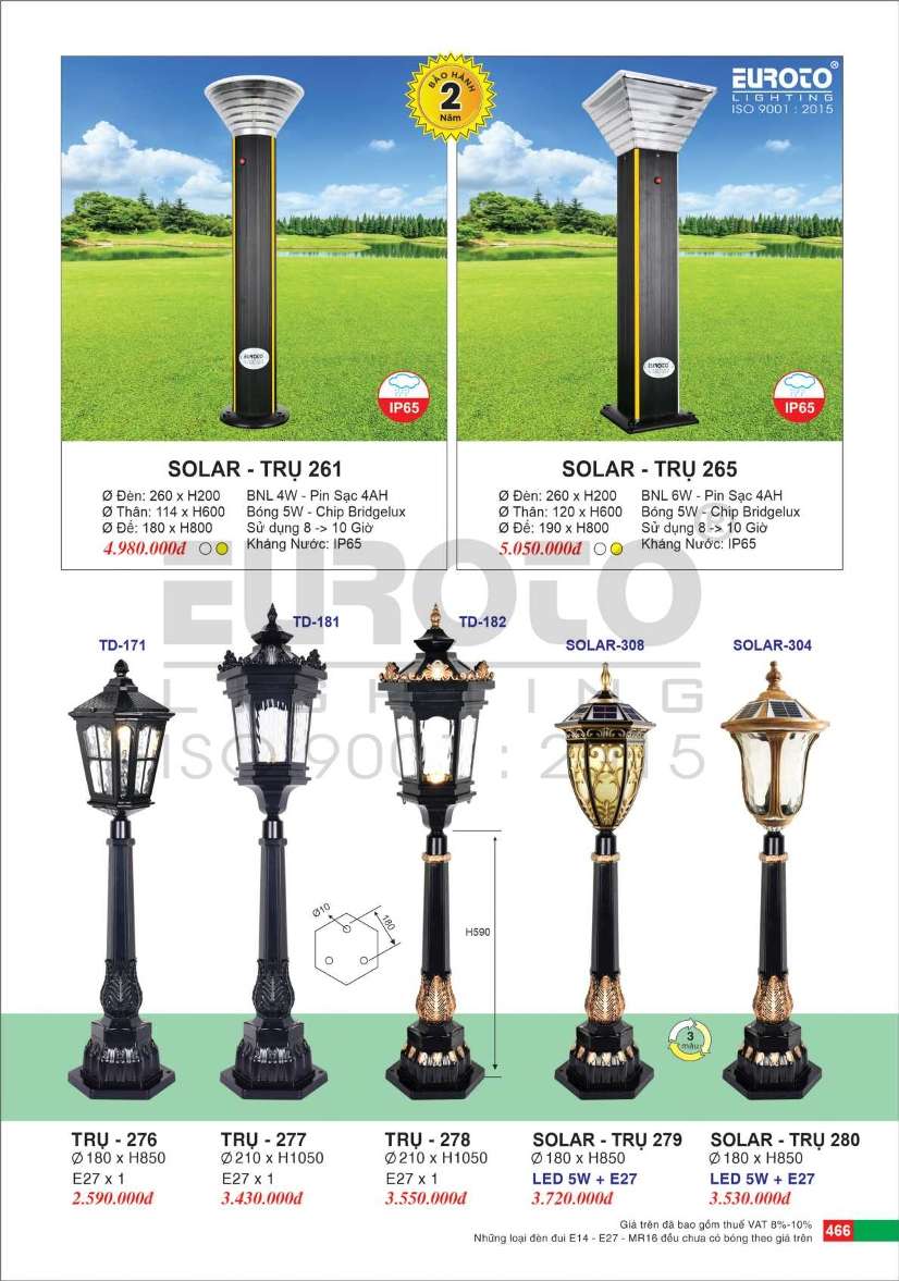 Đèn trụ năng lượng mặt trời Euroto Solar Trụ 261, Solar Trụ 265, Trụ 276, Trụ 277, Trụ 278, Solar Trụ 279, Solar Trụ 280