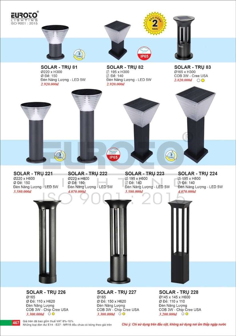 Đèn trụ năng lượng mặt trời Euroto Solar Trụ 81, Solar Trụ 82, Solar Trụ 83, Solar Trụ 221, Solar Trụ 222, Solar Trụ 223, Solar Trụ 224, Solar Trụ 226, Solar Trụ 227, Solar Trụ 228