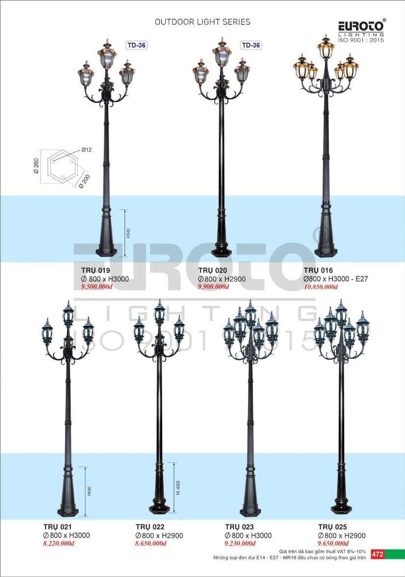 Đèn trụ Euroto Trụ 016, Trụ 019, Trụ 020, Trụ 021, Trụ 022, Trụ 023, Trụ 025