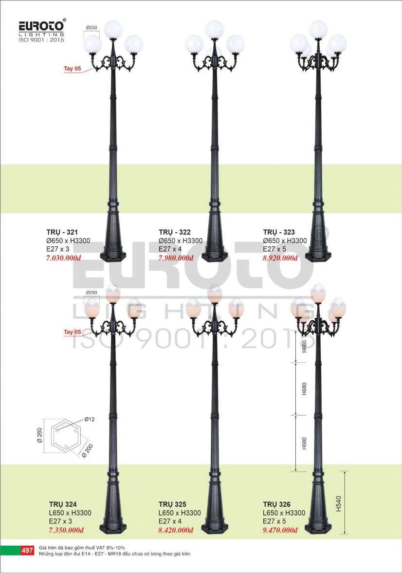 Đèn trụ Euroto Trụ 321, Trụ 322, Trụ 323, Trụ 324, Trụ 325, Trụ 326