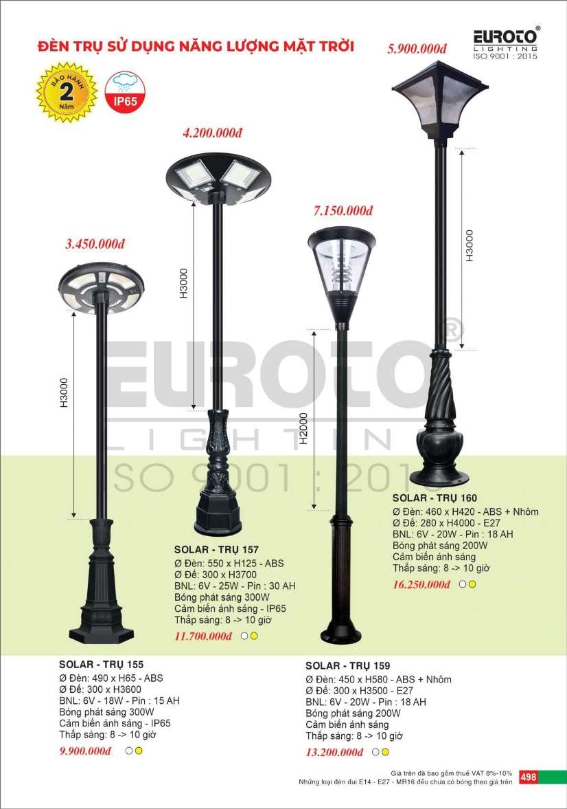 Đèn trụ solar Euroto Trụ 155, Trụ 157, Trụ 159, Trụ 160