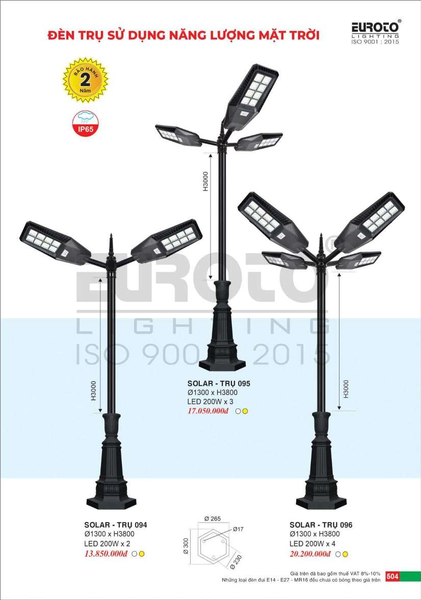 Đèn trụ năng lượng mặt trời Euroto Solar Trụ 094, Solar Trụ 095, Solar Trụ 096