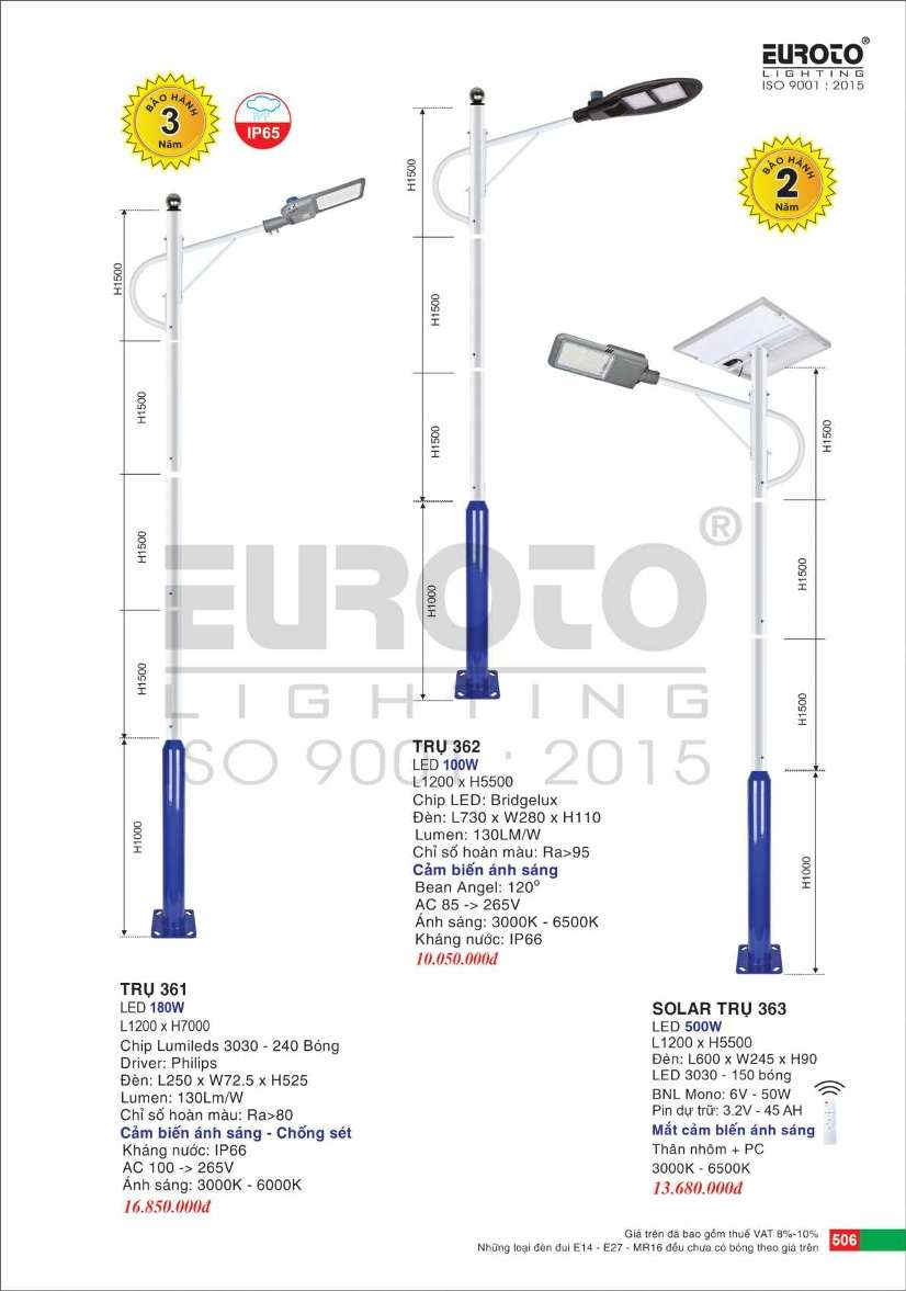 Đèn trụ Euroto Trụ 361, Trụ 362, Slolar Trụ 363