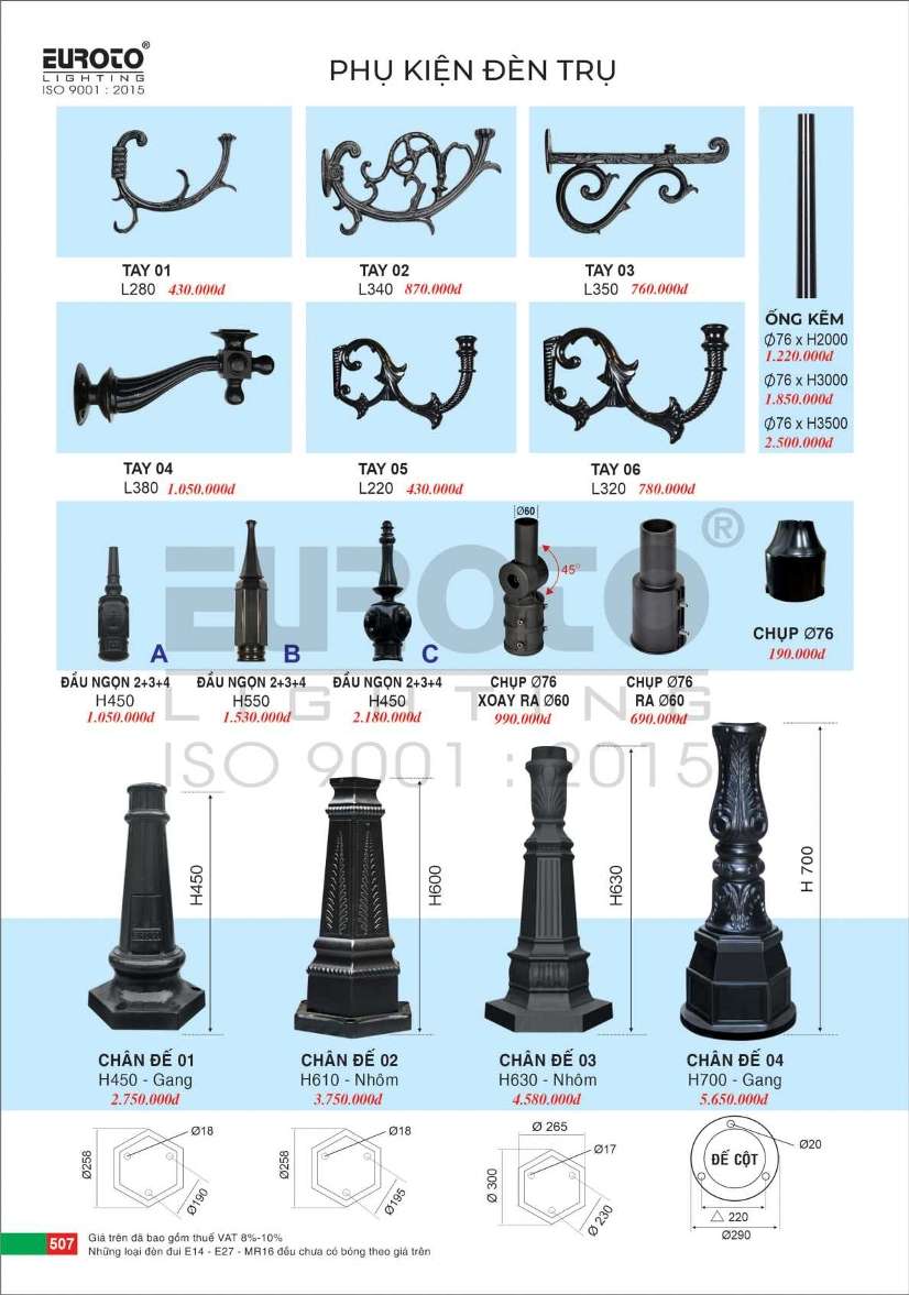 Chân đế, đầu ngọn, tay, linh kiện đèn trụ Euroto