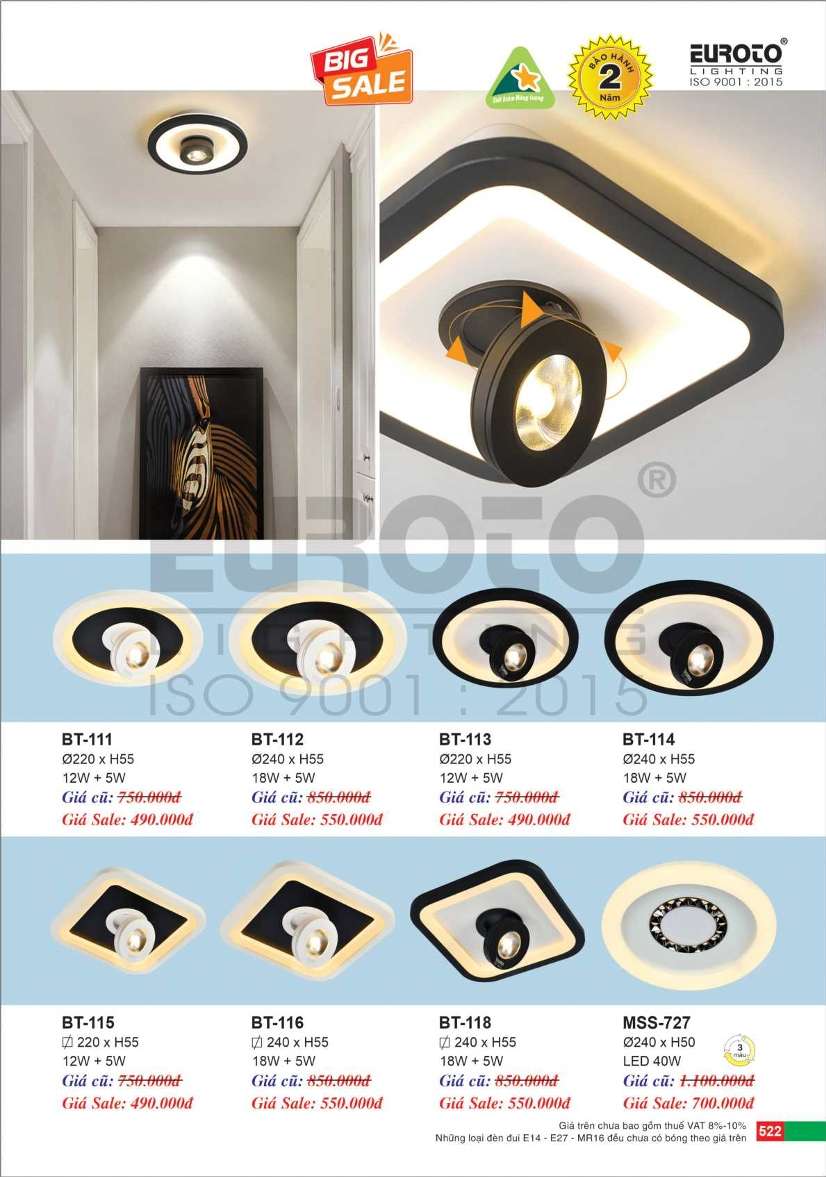Đèn mâm áp trần Euroto BT-111, BT-112, BT-113, BT-114, BT-115, BT-116, BT-118, MSS-727