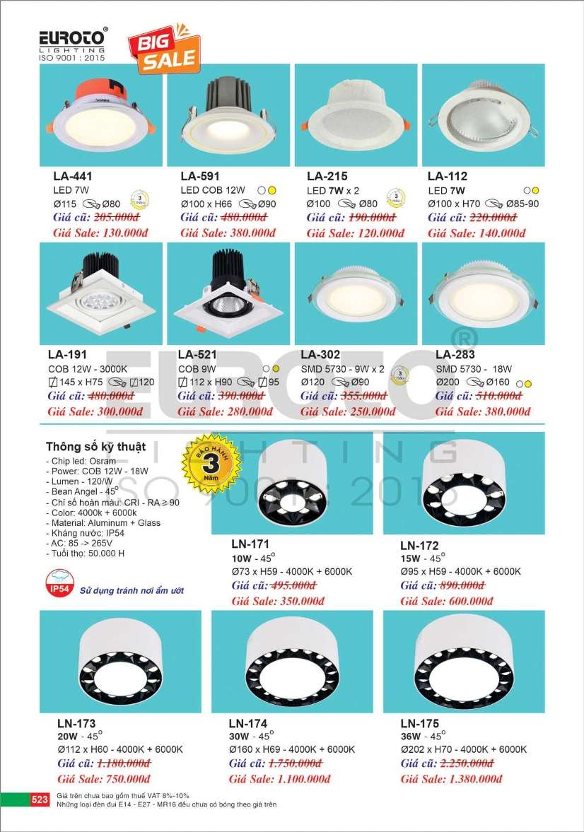 Đèn led âm trần Euroto LA-441, LA-591, LA-215, LA-112, LA-191, LA-521, LA-302, LA-283, LN-171, LN-172, LN-173, LN-174, LN-175