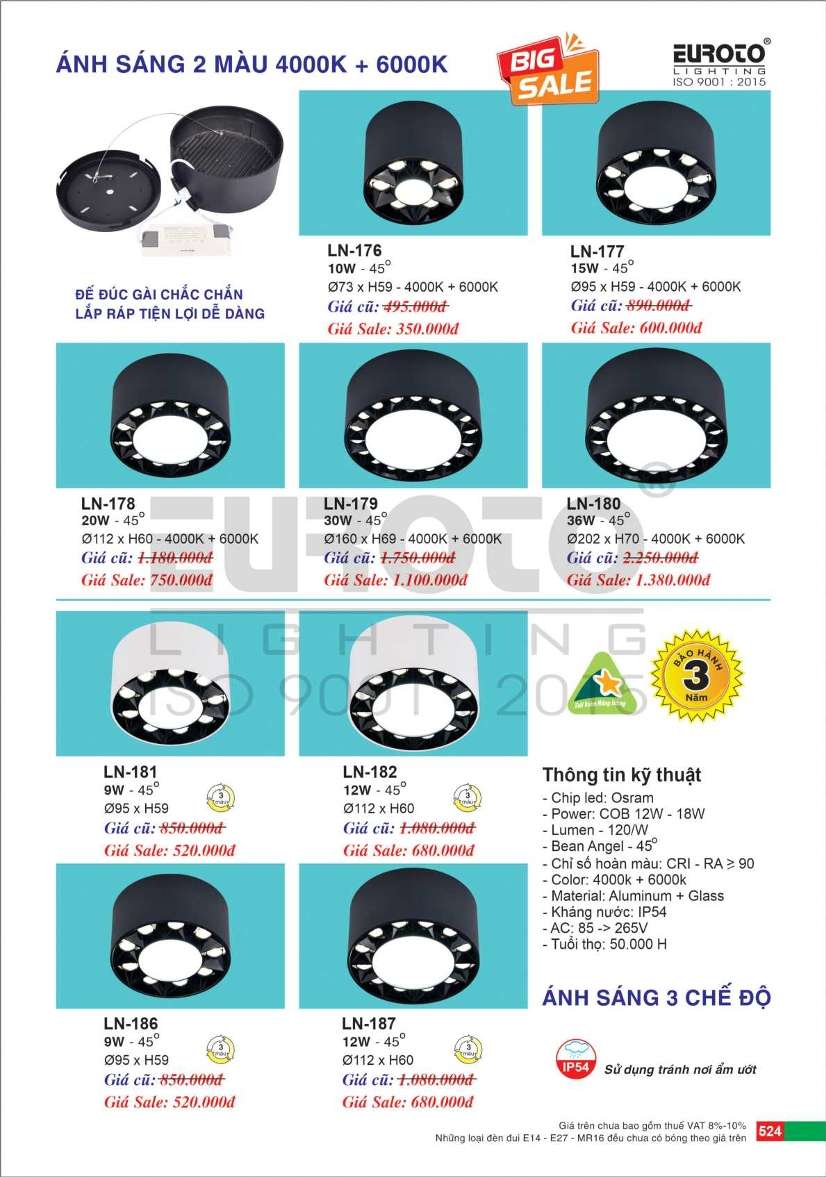 Đèn lon nổi ốp trần Euroto LN-176, LN-177, LN-178, LN-179, LN-180, LN-181, LN-182, LN-186, LN-187