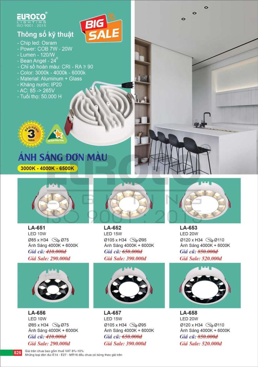 Đèn led âm trần Euroto LA-651, LA-652, LA-653, LA-656, LA-657, LA-658