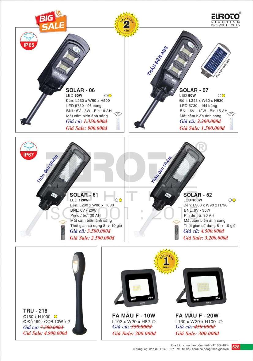 Đèn trụ năng lượng mặt trời Euroto SOLAR - 06, SOLAR - 07, SOLAR - 51, SOLAR - 52, TRỤ - 218, FA MẪU F - 10W, FA MẪU F - 20W