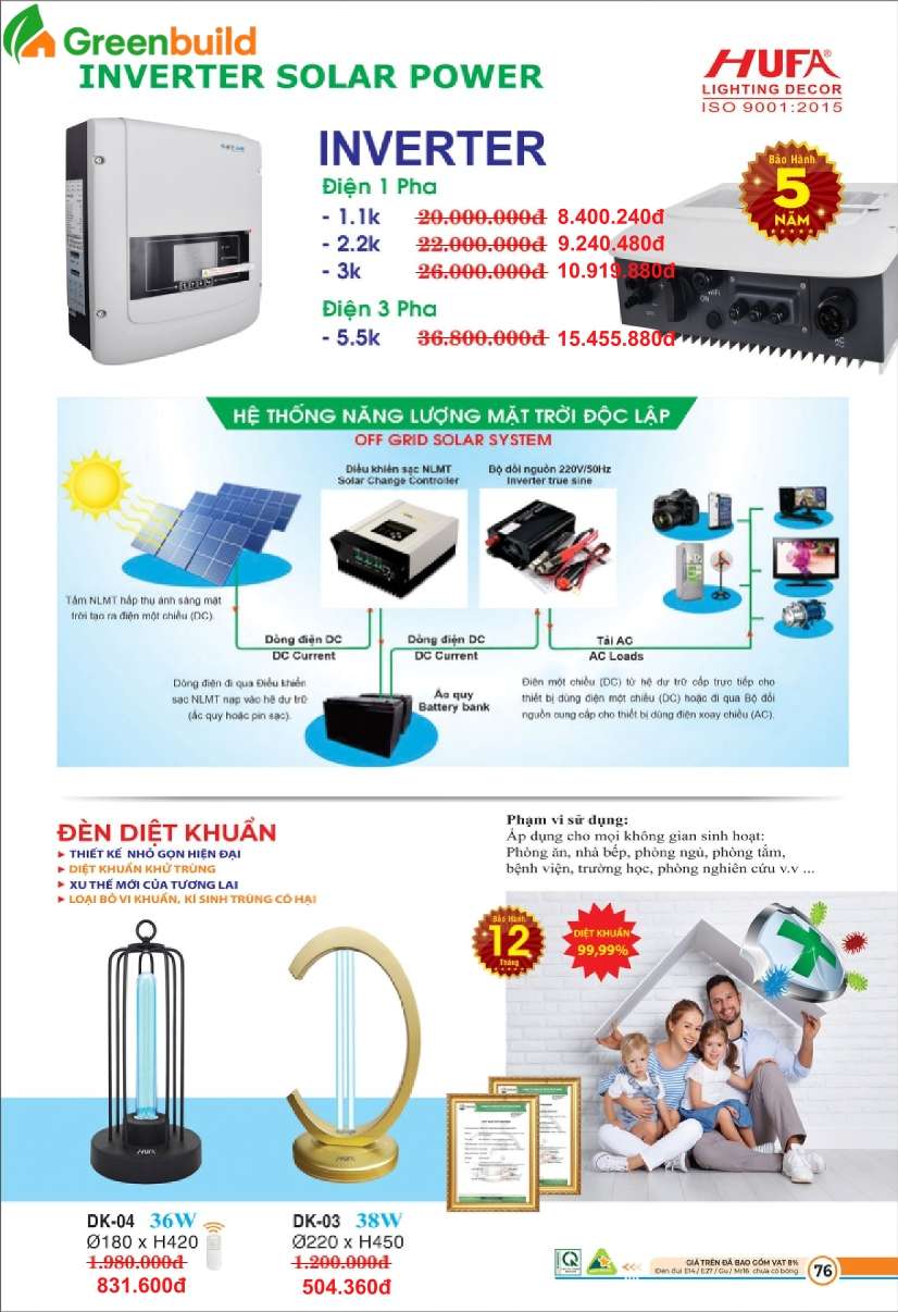 Hufa INVERTER SOLAR POWER, ĐÈN DIỆT KHUẨN DK-03, DK-04