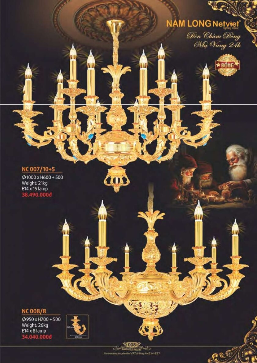 Đèn chùm đồng Nam Long Netviet NC 007/10+5, NC 008/8