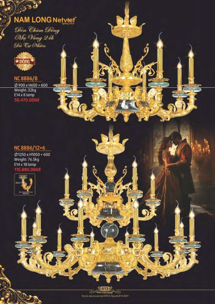Đèn chùm đồng Nam Long Netviet NC 8886/8, NC 8886/12+6
