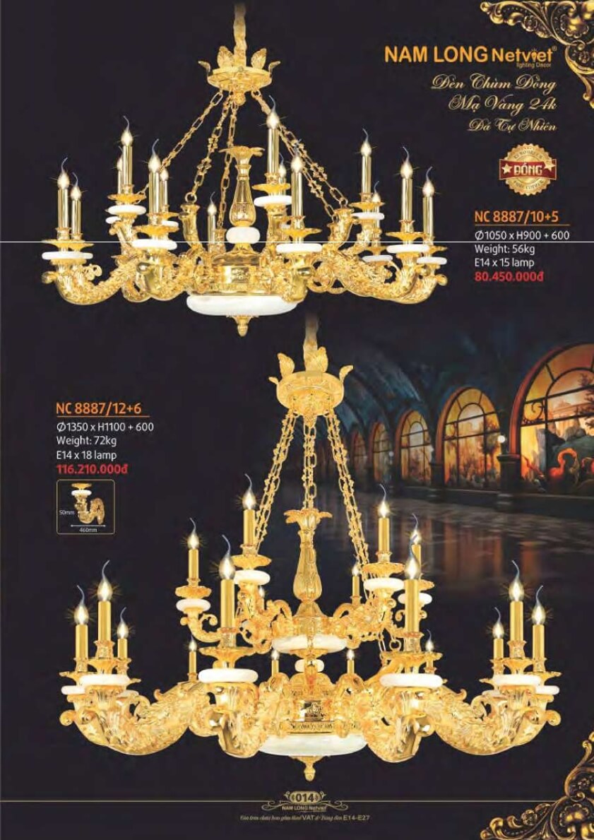 Đèn chùm đồng Nam Long Netviet NC 8887/10+5, NC 8887/12+6