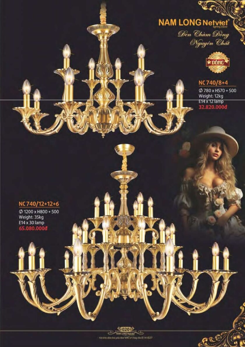 Đèn chùm đồng Nam Long Netviet NC 740/8+4, NC 740/12+12+6