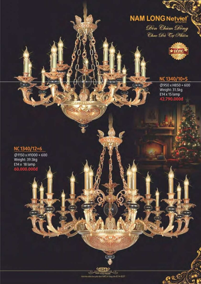 Đèn chùm đồng Nam Long Netviet NC 1340/10+5, NC 1340/12+6