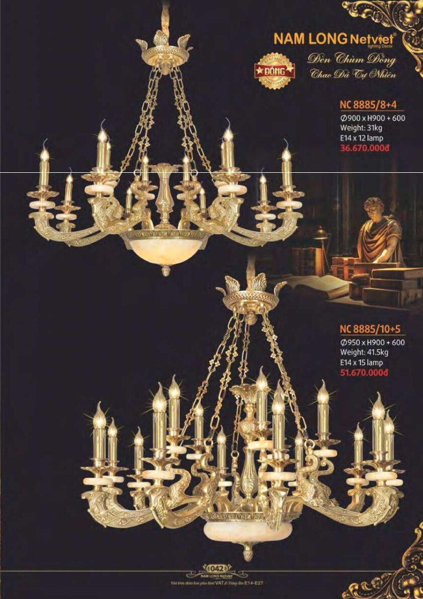 Đèn chùm đồng Nam Long Netviet NC 8885/8+4, NC 8885/10+5