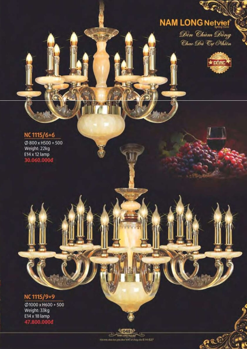 Đèn chùm đồng Nam Long Netviet NC 1115/6+6, NC 1115/9+9