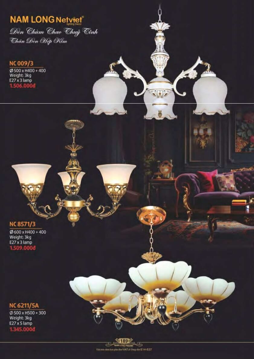 Đèn chùm Nam Long Netviet NC 009/3, NC 8571/3, NC 6211/5A