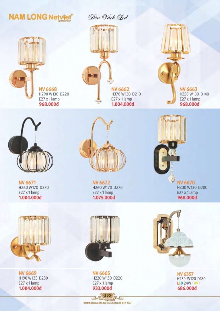 Đèn vách Nam Long Netviet NV 6668, NV 6662, NV 6663, NV 6671, NV 6672, NV 6670, NV 6669, NV 6665, NV 6357