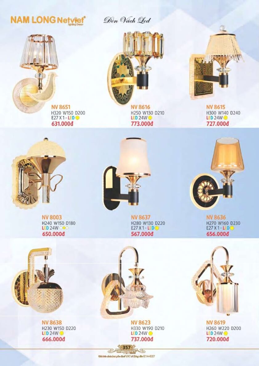 Đèn vách Nam Long Netviet NV 8651, NV 8616, NV 8615, NV 8003, NV 8637, NV 8636, NV 8638, NV 8623, NV 8619