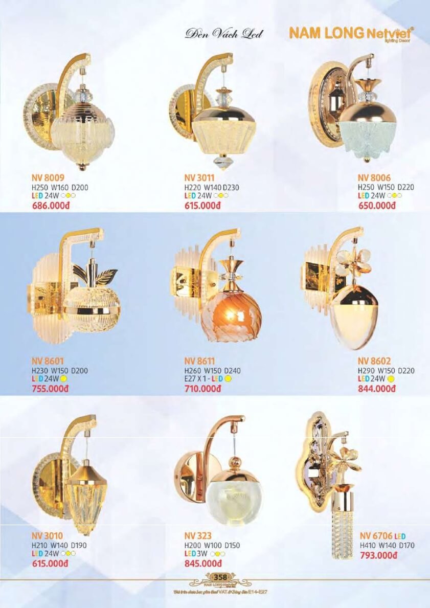 Đèn vách Nam Long Netviet NV 8009, NV 3011, NV 8006, NV 8601, NV 8611, NV 8602, NV 3010, NV 323, NV 6706