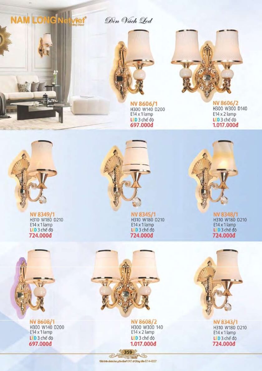 Đèn vách Nam Long Netviet NV 8606/1, NV 8606/2, NV 8349/1, NV 8345/1, NV 8348/1, NV 8608/1, NV 8608/2, NV 8343/1