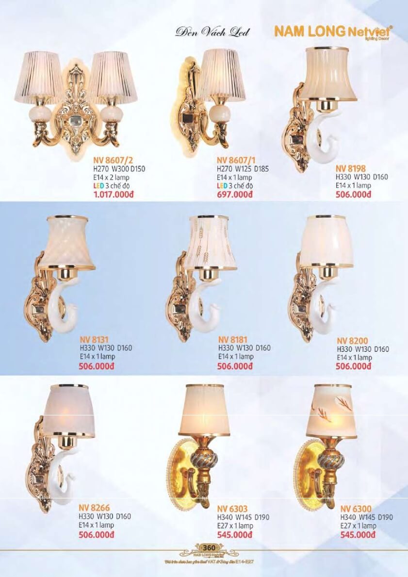 Đèn vách Nam Long Netviet NV 8607/2, NV 8607/1, NV 8198, NV 8131, NV 8181, NV 8200, NV 8266, NV 6303, NV 6300