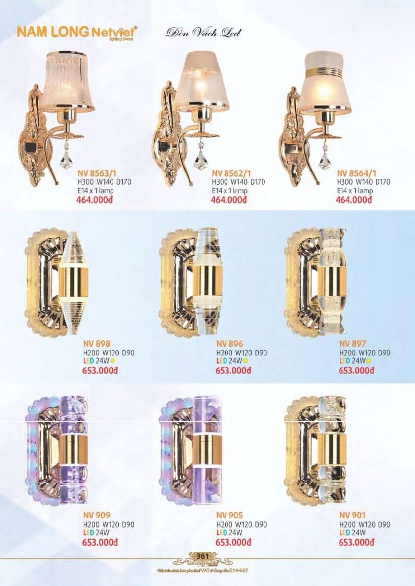 Đèn vách Nam Long Netviet NV 8563/1, NV 8562/1, NV 8564/1, NV 898, NV 896, NV 897, NV 909, NV 905, NV 901