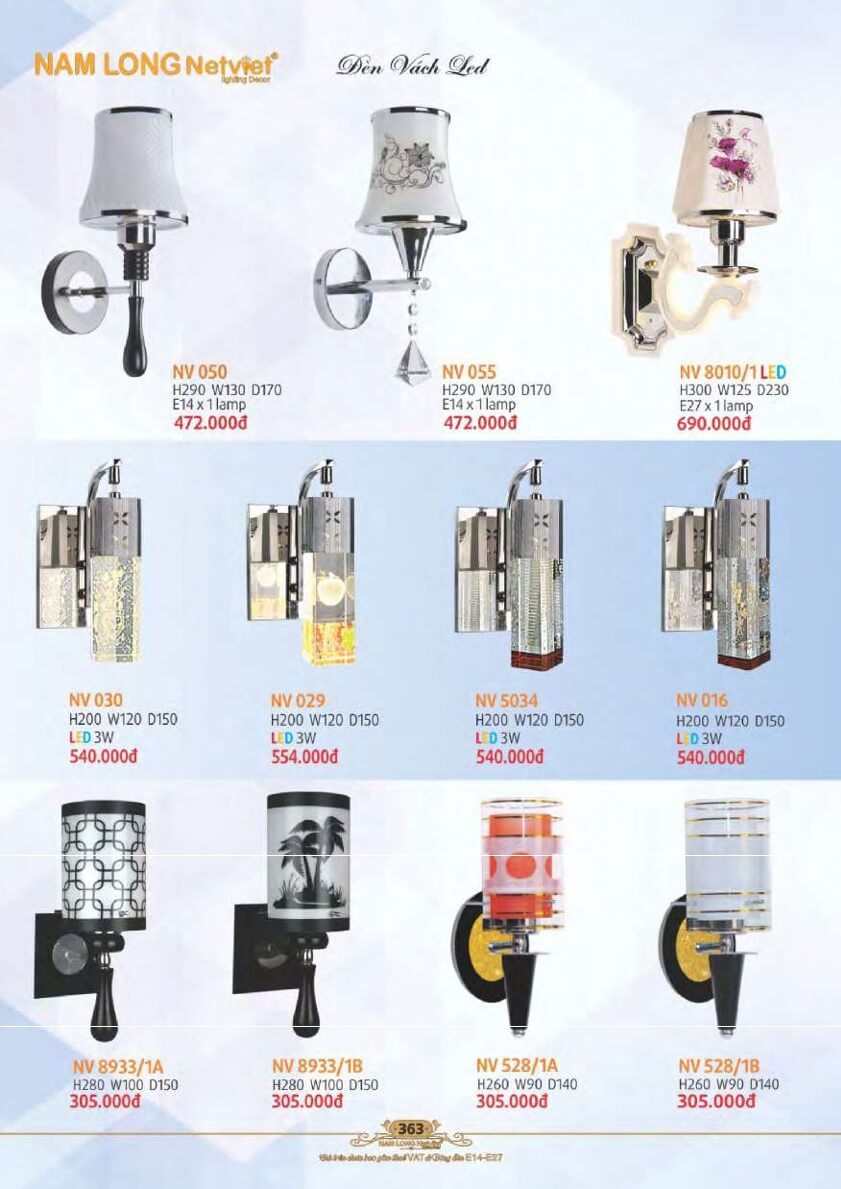 Đèn vách Nam Long Netviet NV 050, NV 055, NV 8018/1, NV 030, NV 029, NV 5034, NV 16, NV 8933/1A, NV 8933/1B, NV 528/1A, NV 528/1B