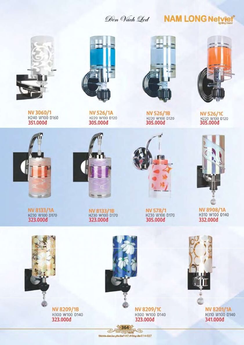 Đèn vách Nam Long Netviet NV 3060/1, NV 526/1A, NV 526/1B, NV 526/1C, NV 8133/1A, NV 8133/1B, NV 578/1, NV 8908/1A, NV 8209/1B, NV 8209/1C, NV 8201/1A